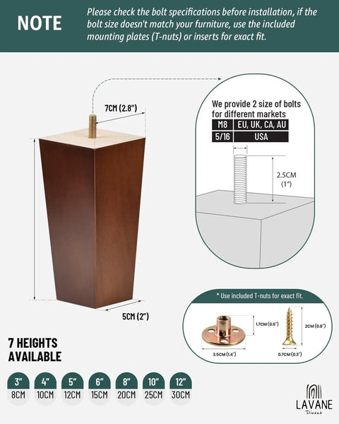 Diagram of 8 Inch Solid Wood Pyramid Furniture Legs Set Of 4 Walnut Replacement Feet For Couch And Sofa, DIY Repair And Restoration, Pre Drilled 5 16 Inch Bolt And Hardware, Wide Base, Non Slip Pads, Mid Century Modern Style with bolt specifications.