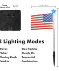 Control box and flagpole for Six Pack 30 LED Solar Patriotic Pathway Lights With 6 US Flags And Flag Stakes; features 8 lighting modes.