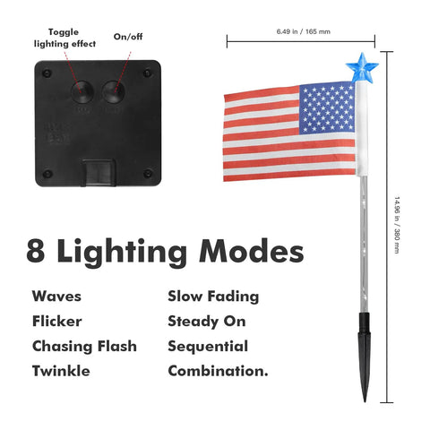 Control box and flagpole for Six Pack 30 LED Solar Patriotic Pathway Lights With 6 US Flags And Flag Stakes; features 8 lighting modes.