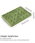 Top Shelf Velvet Jewelry Tray With 24 Individual Sections For Pendants Folded Chains And Stud Earrings Soft Touch Holder on a white background, showcasing 24 green dividers.