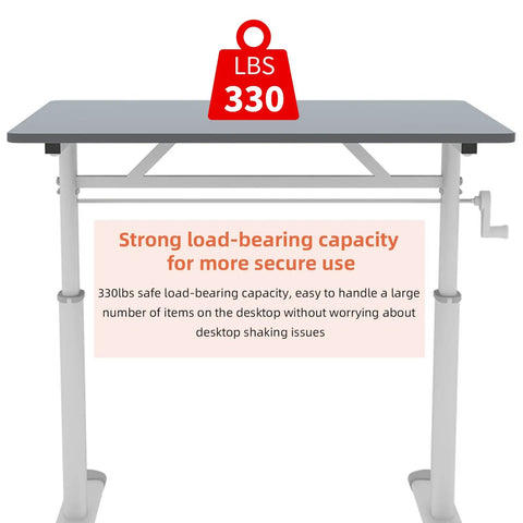 Game Changer Manual Crank Height Adjustable Standing Desk 32X24 Inch showing 330 lbs load capacity label and sturdy frame.