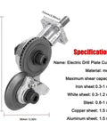 Universal Power Drill Sheet Metal Cutter Attachment Heavy Duty Steel Shear Clip for Copper Aluminum Iron Up To 1.5 Mm side view with specifications.
