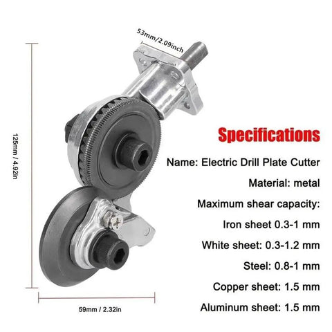 Universal Power Drill Sheet Metal Cutter Attachment Heavy Duty Steel Shear Clip for Copper Aluminum Iron Up To 1.5 Mm side view with specifications.