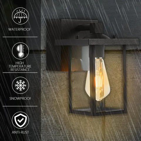 Black Outdoor Wall Mount Porch Light With Two Built In GFCI Outlets and Weatherproof Exterior Fixture illuminating in rain.