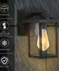 Outdoor Wall Light With GFCI Outlet, Black Exterior Sconce, Waterproof Wall Mount Fixture, shown in rain on porch wall.