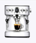 Pro Level Fully Automatic Espresso Coffee Machine Built For The Morning Rush With A Rock Solid 19 Bar Pump And Dual Wall Stainless Steel Filter For Rich Barista Shots That Truly Hit The Spot brewing a coffee shot into a clear cup, with sleek stainless steel design.