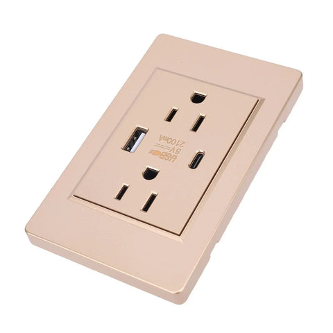 Beast Mode Wall Outlet With USB-C And USB Ports, 15 Amp Receptacle, Steel Frame With Flame Retardant Shell, Self Grounding Anti Overload Protection, Rock Solid Build For Home Office Bedroom, Us Plug in gold color.