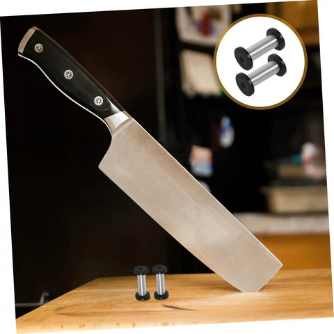 Top Tier Flat Head Knife Handle Screws Coupled With Heavy Gauge Stainless Steel Bolts Lock Down Blade Stability With Quick Thread Adjustments Tight Grip Badass Toolsmith Supply Pack with knife and screws on wooden cutting board.