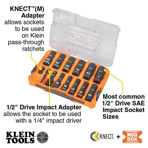 Deep Well Impact Socket Set With Half Inch Drive SAE Color Coded 14 Piece In MODbox Case showing sockets and adapters