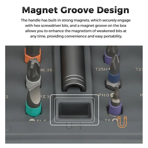 Close-up of All In One Magnetic Screwdriver Set With 8 Long Bits And 32 Short Bits showing magnet groove design in storage case.
