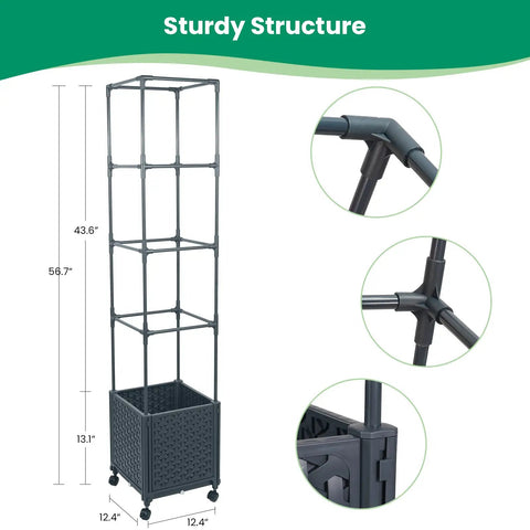 Raised Garden Bed Planter With Trellis For Climbing Veggies And Tomatoes, Outdoor Tomato Cage On Wheels, dimensions shown