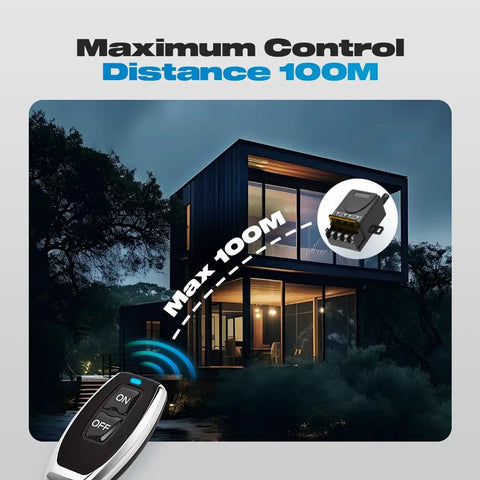 Wireless 12V Remote Switch With 30A Relay, 433MHz RF Control For 12V-72V DC Motors depicted controlling house lights