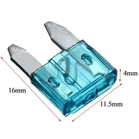 120 Piece Blade Type Car And Motorcycle Fuse Kit With Assortment Of Mini Size Fuses For Quick Replacement, blue mini fuse with measurements shown.