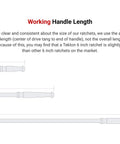 Diagram of Flexible Head Ratchet Set With 1/4, 3/8, And 1/2 Inch Drives, highlighting working handle length of different ratchets.