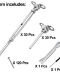 30 Pair Set 1/8 Inch Cable Railing Kit With Swage Toggle Turnbuckle Hardware showing included components and tools.