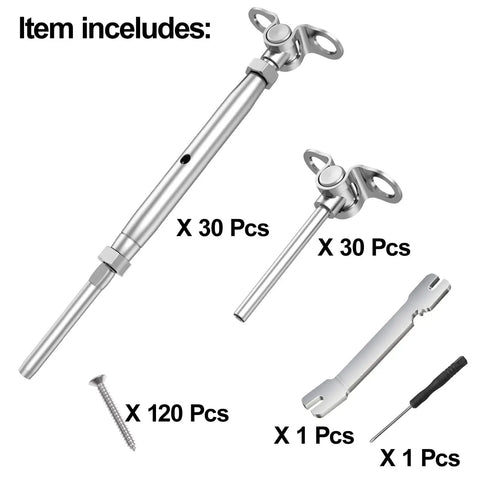 30 Pair Set 1/8 Inch Cable Railing Kit With Swage Toggle Turnbuckle Hardware showing included components and tools.