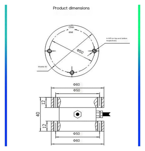 Technical drawing of a Two Dimensional Force And Torque Sensor For Precise Arm Control, Compact Load Cell With dimensions and measurements shown.
