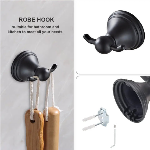 Matte Black Bathroom Accessories Set Kit with 2 24 Inch Towel Bars, 2 Towel Rings, 2 Toilet Paper Holders, and 2 Hooks on wall