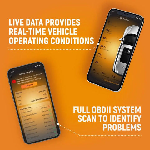 Everyday Bluetooth OBDII Diagnostic Tool For Cars With Full System Scan Read Fault Codes And Definitions ECU Diagnostics Maintenance Light Reset Easy Car Troubleshooting GWScan Compatible displays on mobile app interface with live data and system scan results.