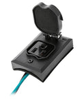 Rugged Ground Outdoor Outlet With Weatherproof Lamp Post Socket Designed For Heavy Duty Jobs Featuring Solid Copper Contacts And Heat Resistant Nylon Body. Close-up view of black receptacle with sealed cover and blue cable.