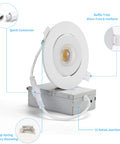 Ultra Slim 4 Inch Recessed LED Downlights With Adjustable Eyeball Gimbal And Junction Box 9W 750 Lumens Dimmable ETL Listed 2700K To 5000K Color Temperature Damp Location IC Rated Pack Of 12 displayed with quick connector and junction box details