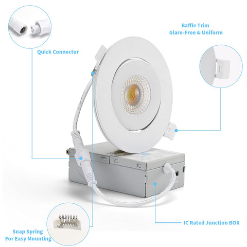 Ultra Slim 4 Inch Recessed LED Downlights With Adjustable Eyeball Gimbal And Junction Box 9W 750 Lumens Dimmable ETL Listed 2700K To 5000K Color Temperature Damp Location IC Rated Pack Of 12 displayed with quick connector and junction box details
