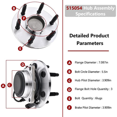Front 2WD Wheel Bearing Hub And Bearing Assembly For Chevy Tahoe Silverado 1500 Suburban Avalanche Express 6 Lug With ABS Fits GMC Yukon XL 1500 Sierra Savana Cadillac Escalade 515054 with dimensions shown