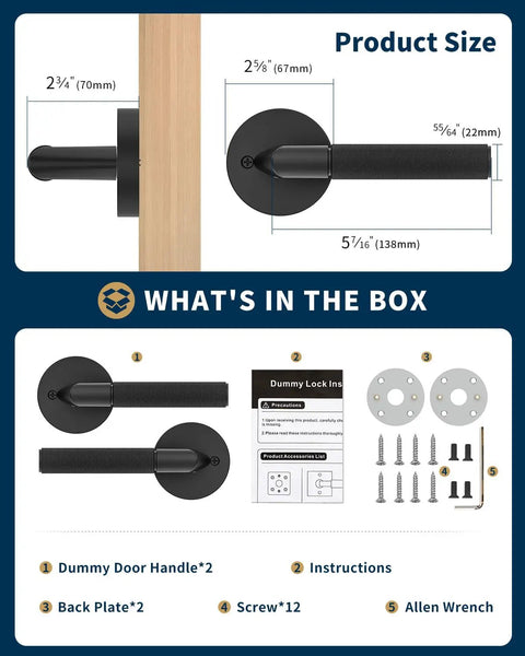 Matte Black Dummy Interior Door Handle Set Two Pack For Non Latching Doors Easy One Sided Install No Fuss Modern Interior Door Hardware For Home Improvement And Quick Upgrades, product size and included parts