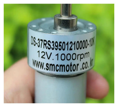 Kickstart Your Build With This Heavy Duty 37 MM Geared Electronic Starter Boasting A Solid Full Metal Gearbox That Delivers Reliable 1000RPM Power On 6V Or 12V DC For Robot Cars close-up of 12V geared motor with metal casing and 1000RPM specification.