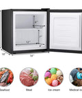 Straight Up Chilling 1.1 Cubic Foot Upright Mini Freezer With Reversible Single Door and Dial In Temp Settings showing interior dimensions and capacity.