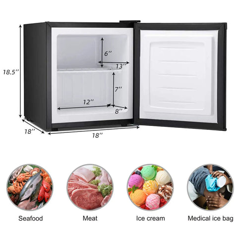 Straight Up Chilling 1.1 Cubic Foot Upright Mini Freezer With Reversible Single Door and Dial In Temp Settings showing interior dimensions and capacity.