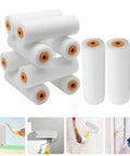 Ten Pack Of White Sponge Paint Roller Covers For Walls And Ceilings No Drama Mini Size stacked foam rollers with orange cores.