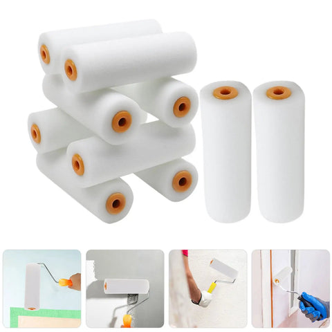 Ten Pack Of White Sponge Paint Roller Covers For Walls And Ceilings No Drama Mini Size stacked foam rollers with orange cores.