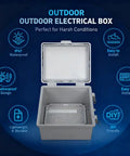 Weatherproof ABS Electrical Enclosure 190x290x140mm Outdoor Junction Box With Stainless Steel Latch shown open with features highlighted