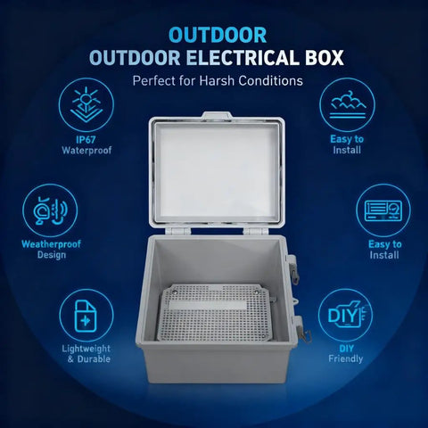Weatherproof ABS Electrical Enclosure 190x290x140mm Outdoor Junction Box With Stainless Steel Latch shown open with features highlighted