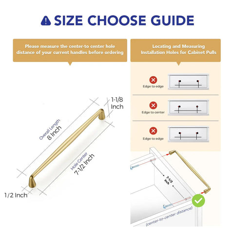 Top Shelf Brushed Gold Cabinet Handles Solid Zinc Alloy 7 1/2 Inch Center To Center 5 Pack size guide with measurements.