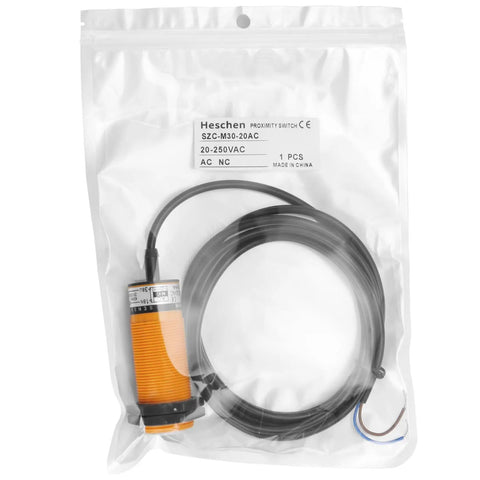 Packaged SZC M30 Capacitive Proximity Sensor Switch with orange housing, 400mA, 20AC 20 To 250 VAC, normally closed, 30mm mount hole.