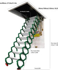 Heavy Duty Electric Attic Ladder With Rock Solid Steel Frame And Super Smooth Telescoping Handrail, detailed view with dimensions.