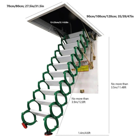 Heavy Duty Electric Attic Ladder With Rock Solid Steel Frame And Super Smooth Telescoping Handrail, detailed view with dimensions.
