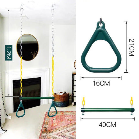 Heavy Duty Gym Rings Trapeze Swing Bar With 16 Inch Bar And 47 Inch Chain, Locking Carabiners, in a playroom setting