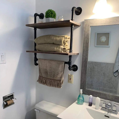 Industrial Rustic Bathroom Shelves Wall Mounted 19.7 Inch Two Tier With Towel Bar, Metal Pipe Storage For Kitchen And Bathroom, Floating Over Toilet Shelf, Space Saving Built To Last Dark Wood Finish