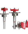 No Sweat Adjustable Wood Hole Cutter Forstner Drill Bit Set With Carbide Tipped Boring Tool 15 To 35 Millimeter Range, three bits showing red carbide tips and silver steel shafts.