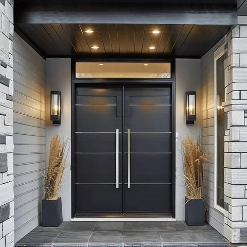 Heavy Duty Commercial Grade 36 Inch Solid Stainless Steel Push Pull Door Handle For Barn And Glass Doors With Full Brushed 304 Finish Solid Stainless Standoffs Deep Engagement Built Tough For Everyday Use on black double doors