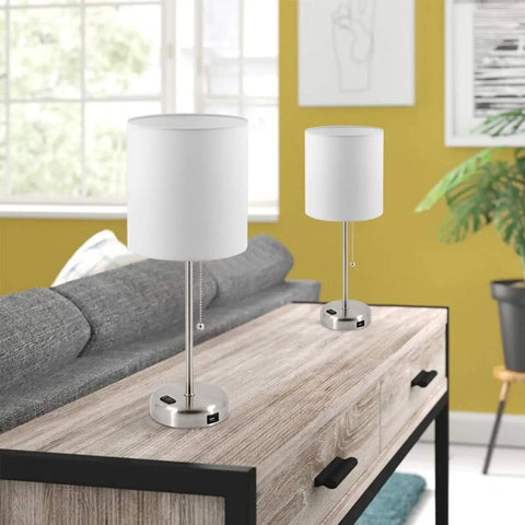 Set Of 2 Bedside Table Lamps For Bedroom And Living Room With 3 Color Temperature Settings USB Charging Port And AC Outlet Pull Chain White Shade Includes 2 Bulbs For Cozy Vibes