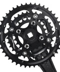 Close-up of Beefy Three Piece 9 Speed Crankset With 44T 32T 22T Chainrings, 170mm Crank Arms, 104 BCD Square Taper, MTB Ready features.