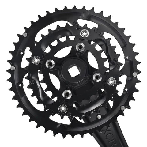 Close-up of Beefy Three Piece 9 Speed Crankset With 44T 32T 22T Chainrings, 170mm Crank Arms, 104 BCD Square Taper, MTB Ready features.