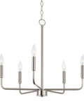 Camille 22 Inch Modern 5-Light Candle Style Chandelier With Open Frame In Brushed Nickel Finish hanging from chain.