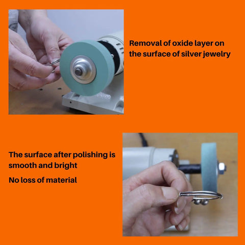 Top Shelf 3 Inch Polyurethane Buffing Wheels 2000 Grit polishing silver jewelry, showing smoother surface after buffing.