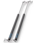 Angled front view of ARANA gas struts, 28-inch, 200 lb, black cylinders with brackets, 2-pack