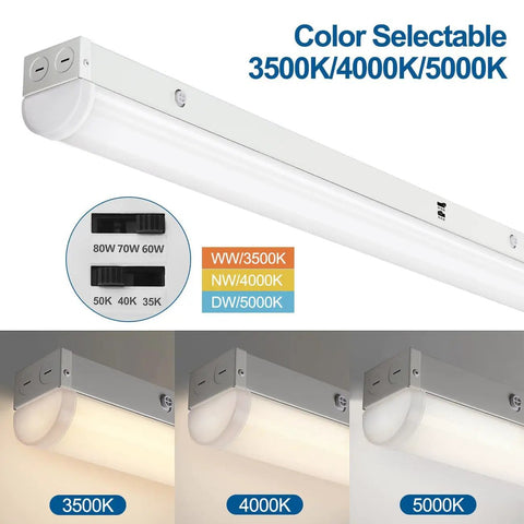 8ft LED Shop Light Fixtures With 60 70 80W Total, Selectable 3500K 4000K 5000K Color Temp, shown in different light settings